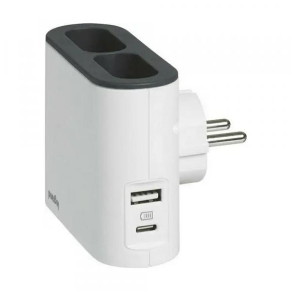 gallery-0 Адаптер Legrand 2х2К боковые розетки 6А с USB A+C Белый/Серый. Артикул 049401