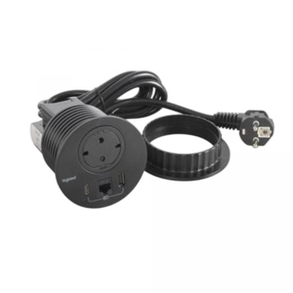 gallery-0 Встраиваемый модуль Legrand Incara™ Disq 80 - 1х2К+3 розетка, 1х15W USB зарядка тип А+С, 1хRJ45 кат.6 UTP с кабель 2м Черный Артикул 654711