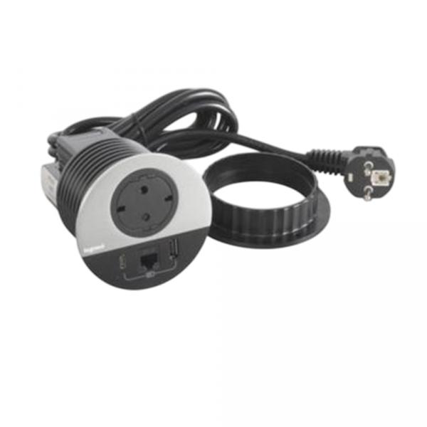 gallery-0 Встраиваемый модуль Legrand Incara™ Disq 80 1х2К+3 розетка, 1х15W USB зарядка тип А+С, 1хRJ45 кат.6 UTP с кабель 2м Металл Артикул 654712