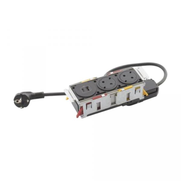 gallery-0 Встраиваемый модуль Legrand IncaraTM Disq'In 2х2К+3 розетки, 1х15W USB зарядка тип А+С c кабель 2м Черный Артикул 654750
