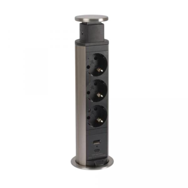 gallery-0 Выдвижной розеточный блок Legrand Incara Tower 60 3х2К+3 розетки, 1х15W USB зарядка тип А+С с кабелем 2м Алюминий Артикул 654974