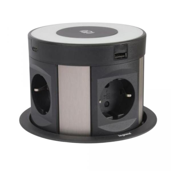 gallery-0 Выдвижной розеточный блок Legrand Incara Tower 120 4х2К+3 розетки, 2х15W USB зарядка тип А+С, беспроводная зарядка 5В с кабелем 2м Алюминий Артикул 654983