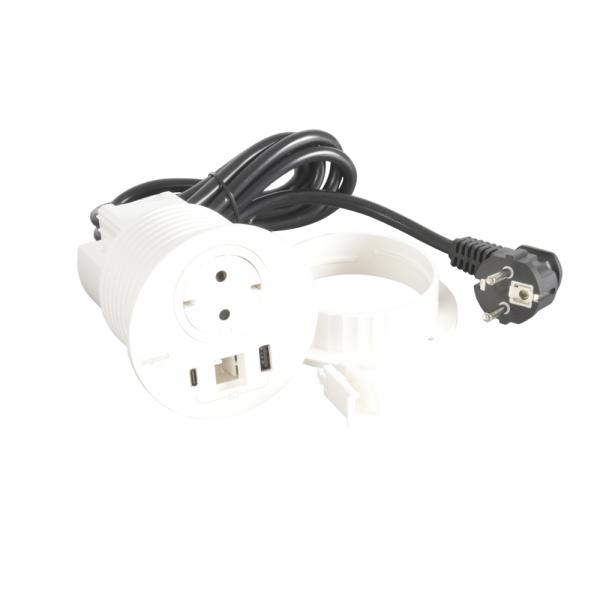 gallery-0 Встраиваемый модуль Legrand Incara™ Disq 80 1х2К+3 розетка, 1х15W USB зарядка тип А+С с кабелем 0,5м и вилкой GST18  белый Артикул 654714